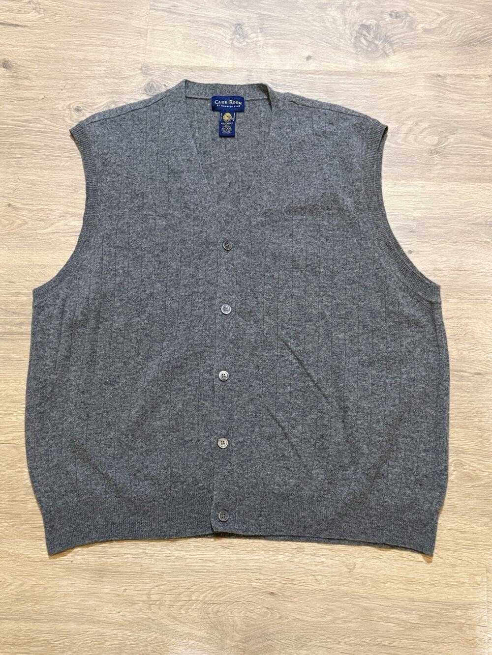 Men’s Club Room 100% Lambs Wool Vest Cardigan Grey Button Up V Neck Size XXL